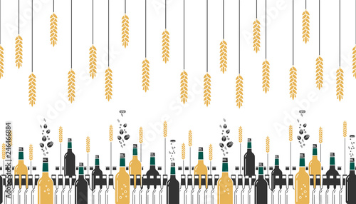 Beer bottles, hops and wheat ears. Craft beer with brewing ingredients. Illustration for brewery, pub, bar, restaurant. Horizontal seamless pattern on white background. Modern line style.