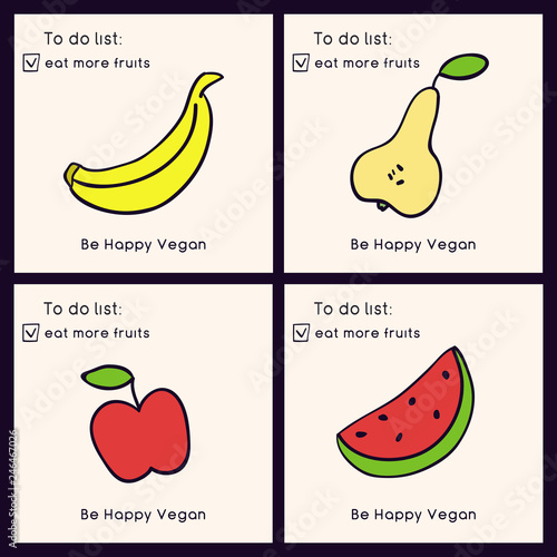 Doodle illustration of fruits. Set of vegan cards. Eat more fruits. Hand drawn vector illustration made in cartoon style