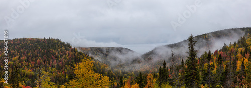 Beautiful panoramic view of Canadian Landscape on the Atlantic Ocean Coast during an Autumn Season. Taken near Grande-Vallee, Quebec, Canada.