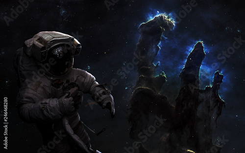 Astronaut in deep space. Pillars of Creation, star clusters. Science fiction art. Elements of the image were furnished by NASA