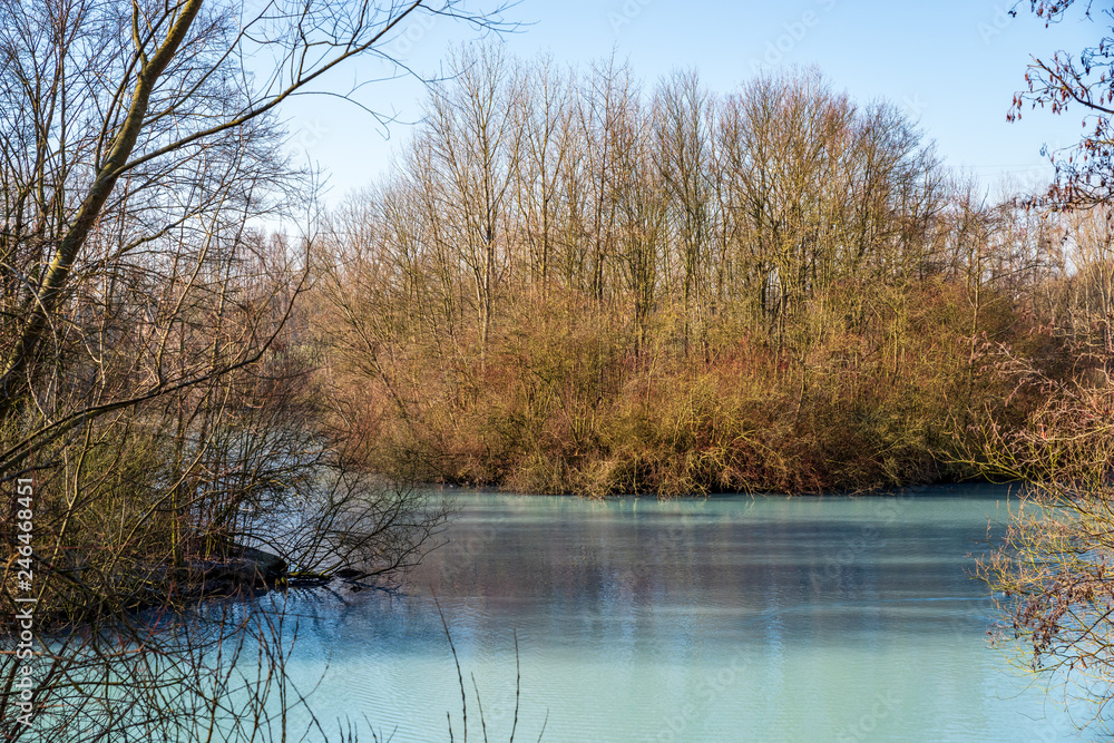 Türkisfarbener Teich im Winter an einem sonnigen Tag Türkisfarbener Teich im Winter an einem sonnigen Tag