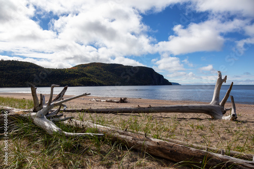 Beautiful view of a sandy beach during a sunny day. Taken in Old Woman Bay, Lake Superior Provincial Park, Ontario, Canada.