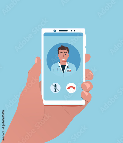 Online doctor concept. Online medical consultation and support. Hand holds a smartphone with an online clinic app. Vector illustration