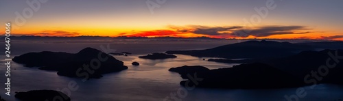 Beautiful Panoramic Canadian Landscape view during a colorful winter sunset. Taken from top of Mnt Harvey  North of Vancouver  BC  Canada.