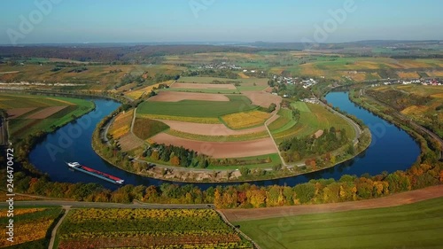 Aerial view of Loop of Moselle River near Palzem, Obermosel, Rhineland-Palatinate, Germany (opposite side of river: Luxembourg) photo