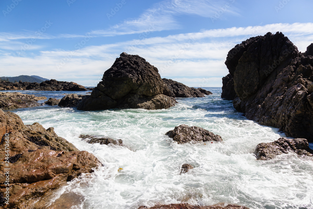 Rocky beach on the Pacific Ocean Coast during a sunny summer day. Taken in Palmerston Beach, Northern Vancouver Island, BC, Canada.