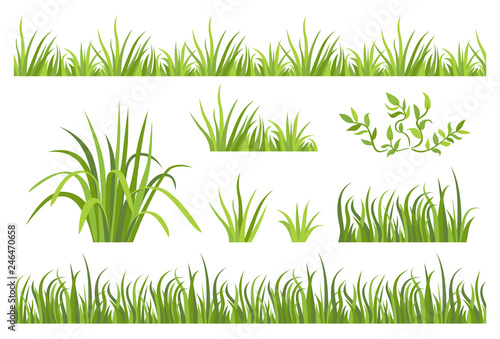 Green grass seamless pattern. Set of vector illustrations with grass border and icons in flat style isolated on white background.