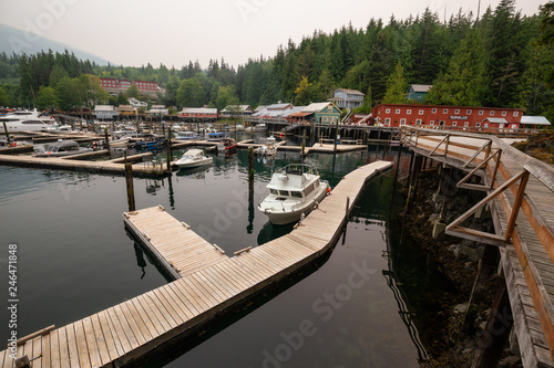 Telegraph Cove, Vancouver Island, BC, Canada - August 20, 2018: Beautiful view on the marina during a foggy day.