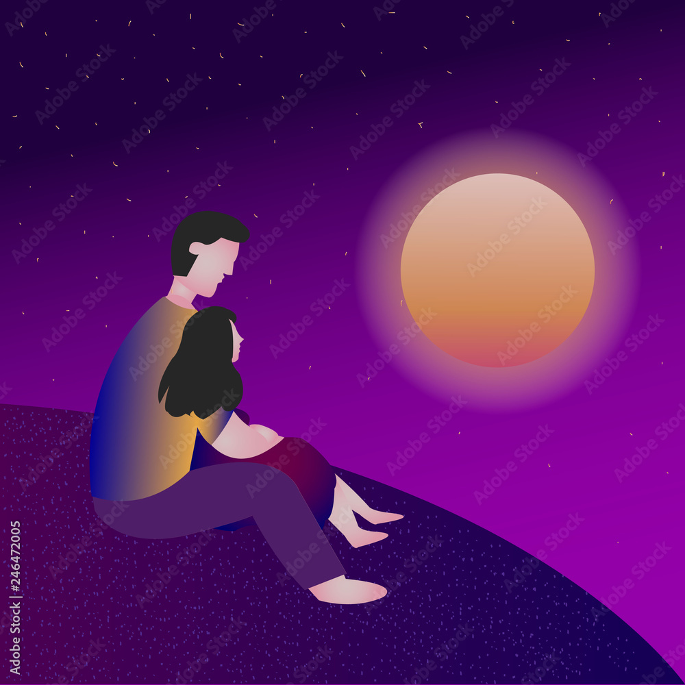 Fototapeta premium A couple, a man and a woman, sitting on the earth and looking in the sky space. Fututristic violet background. Vector Illustration.