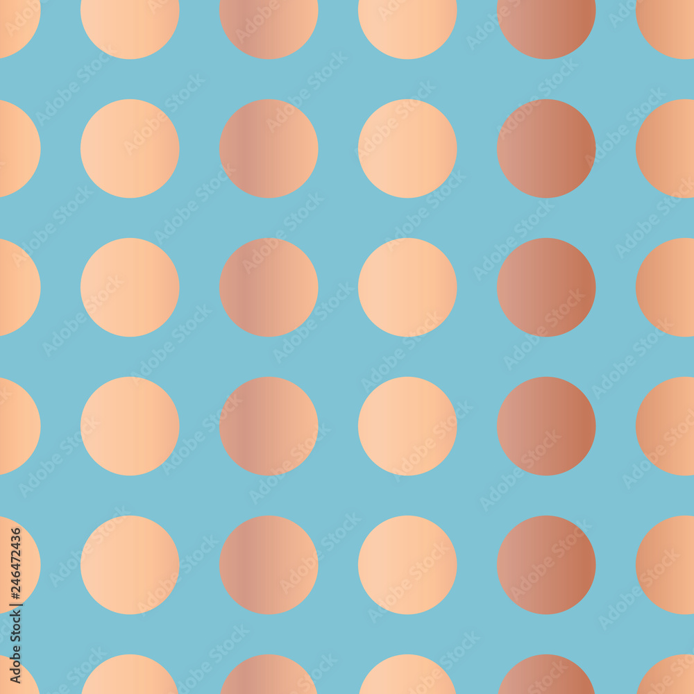 Feminine copper foil polka dots pattern. Circles Seamless Vector. Shiny metallic rose gold foil dots on blue background. For Wallpaper, Elegant invitation, web banner, birthday, baby shower, party Feminine copper foil polka dots pattern. Circles Seamless Vector. Shiny metallic rose gold foil dots on blue background. For Wallpaper, Elegant invitation, web banner, birthday, baby shower, party