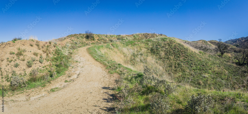 Hiking Trail Winds through Green Hills