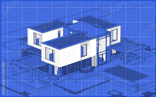 3d rendering sketch of modern cozy house in garden with garage for sale or rent. Graphics black line sketch with white spot on blueprint background
