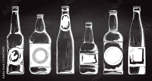 Set of beer bottles. Vector illustration. Sketch.