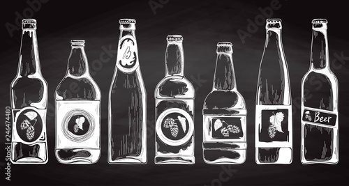 Set of beer bottles. Vector illustration. Sketch.