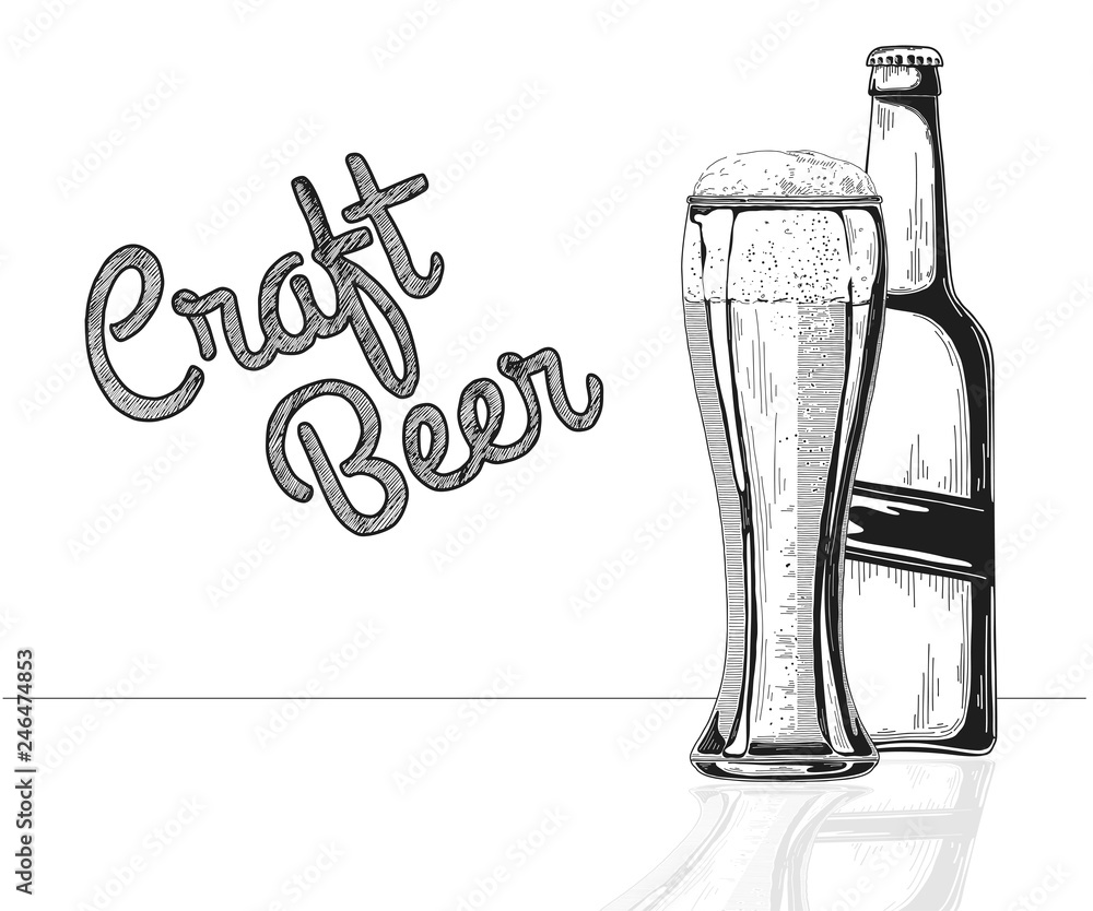 Bottle Of Beer Glass With Beer Craft Beer Vector Illustration Of A Sketch Style Stock Vector Adobe Stock