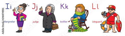 ABC professions set. Interpreter, teacher, judge, lifeguard.