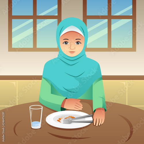 Muslim Woman Finished Eating Illustration
