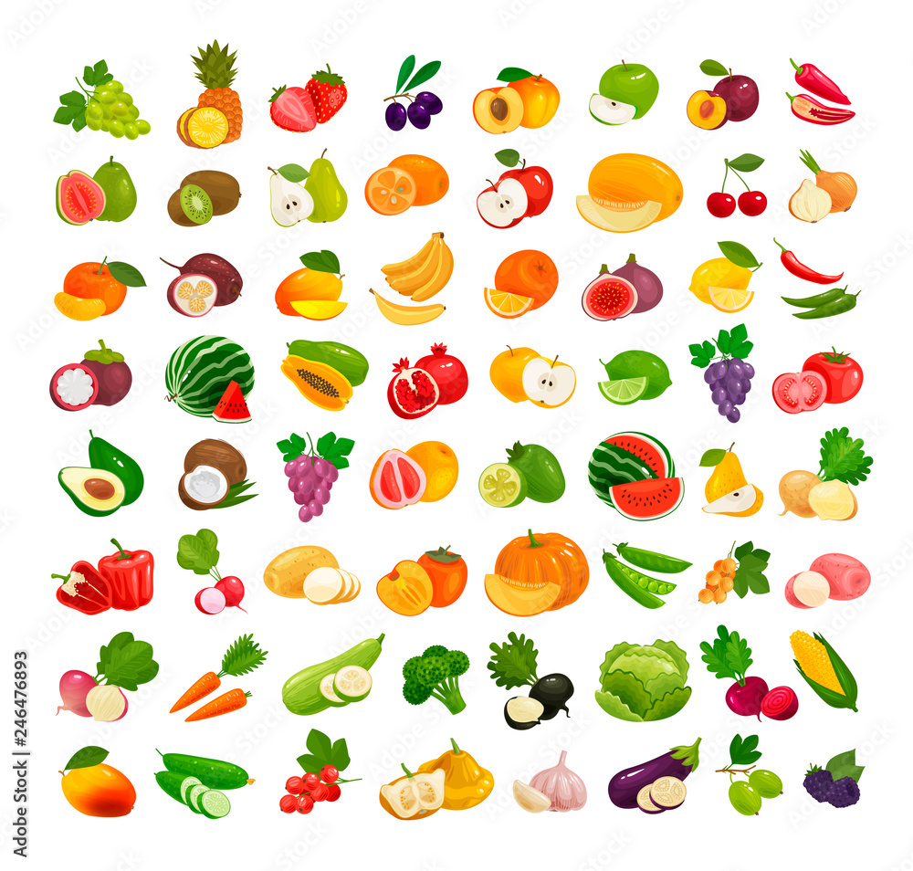 Set of fruits and vegetables. Fresh food, healthy eating concept. Vector illustration - obrazy, fototapety, plakaty 