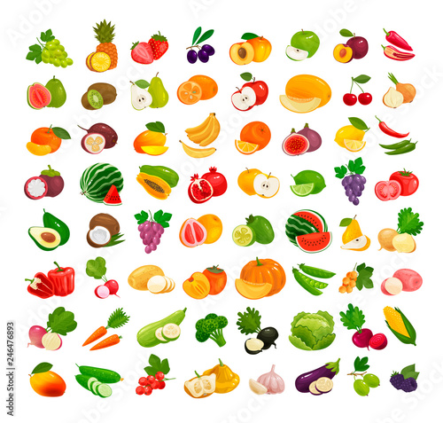 Set of fruits and vegetables. Fresh food, healthy eating concept. Vector illustration