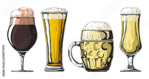 Set of different glasses with beer, different mugs of beer. Vector illustration of a sketch style