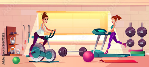 Vector cartoon background of gym with girls doing fitness. Women on treadmill and training bike. Sport interior with dumbbells and rubber balls. Athletic, healthy concept.