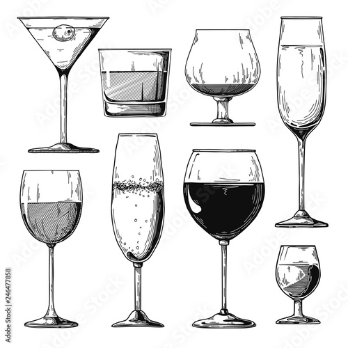 Sketch different glasses. Wine, champagne, cognac and other drinks.