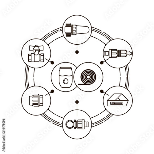 Drip irrigation. Line icons of equipment for irrigation system in the garden area.