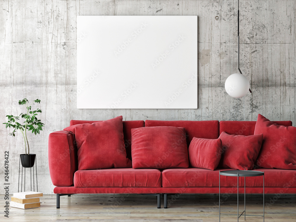 Mock up poster on gray wall, red modern furniture, minimal design, 3d render, 3d illustration - obrazy, fototapety, plakaty 