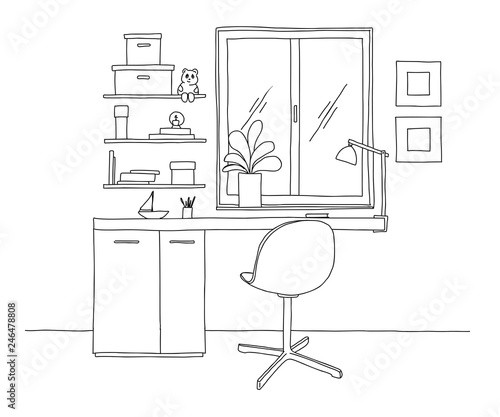 Sketch the room. Office chair, desk, various objects on the table. Sketch workspace. Vector illustration.