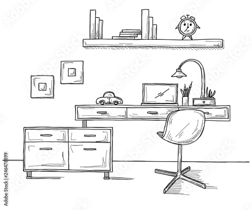 Sketch the room. Office chair, desk, various objects on the table. Sketch workspace. Vector illustration.