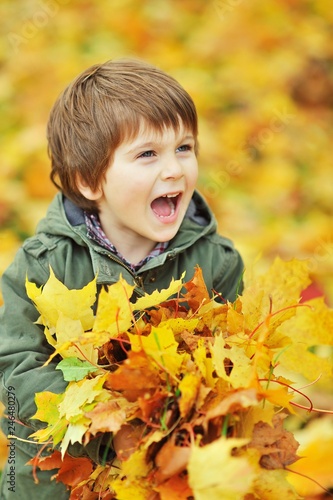Little boy playing with leaves in autumn park