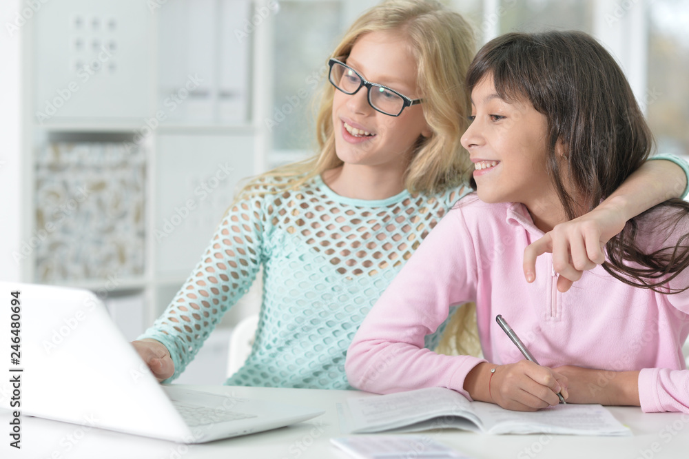 Portrait of two girls using laptop at home Portrait of two girls using laptop at home