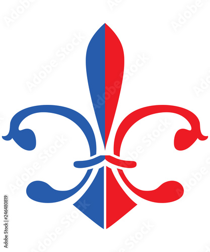 The Fleur de Lis or flower-de-luce vector icon. Royal French lily made in the colours of flag of France. Red and blue Fleur de Lis isolated.