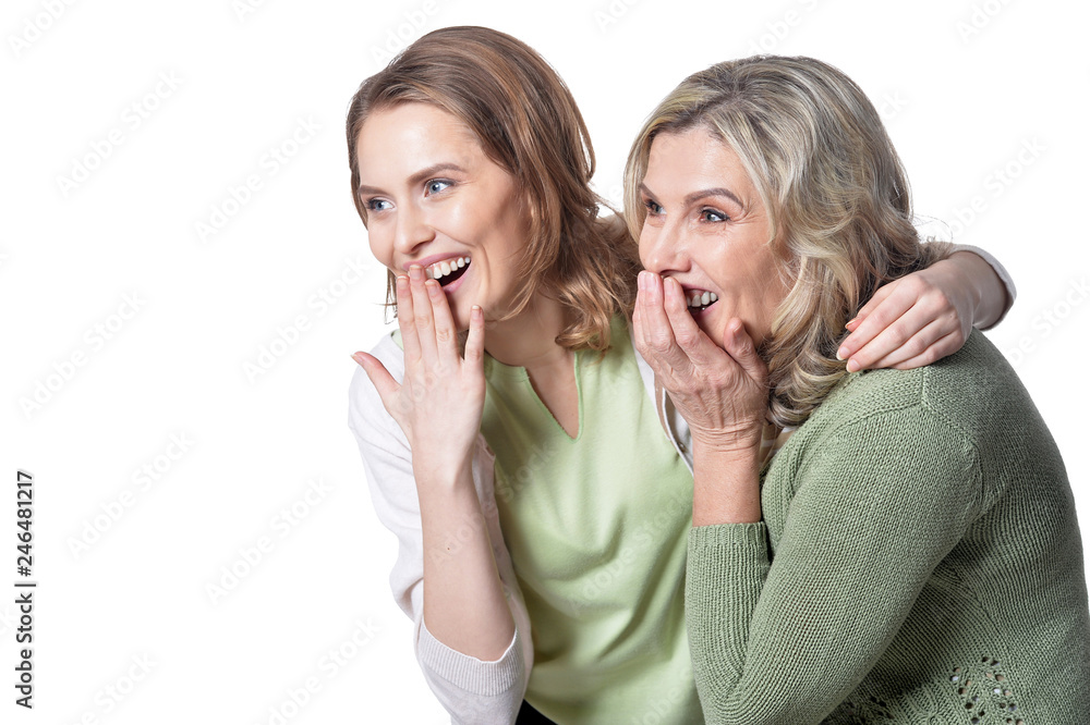 happy Senior woman with daughter on white background happy Senior woman with daughter on white background