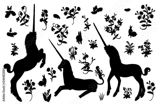 Hand drawn kit silhouettes, unicorn and flowers in medieval tapestries style on white background