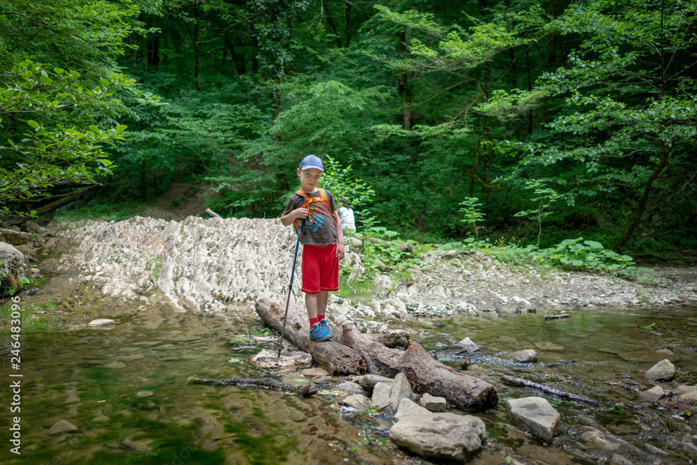 Boy traveler crosses the creek on a log
