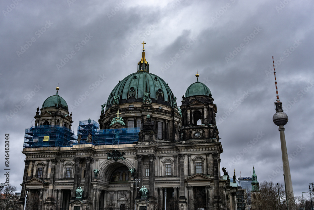 View of Berlin cathedral, Berliner Dom in a rainy day, Germany