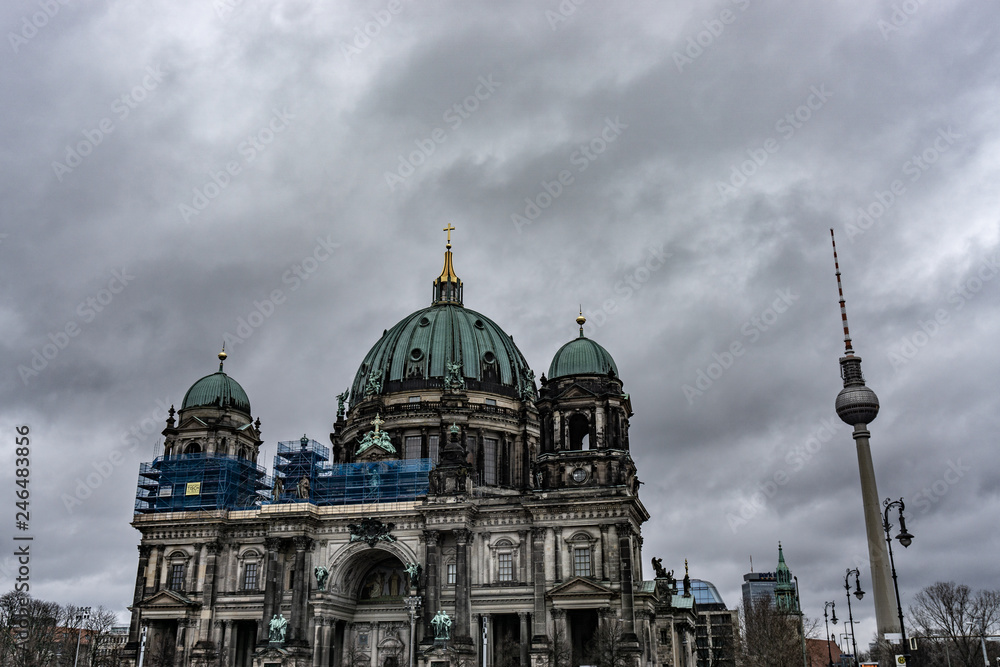 View of Berlin cathedral, Berliner Dom in a rainy day, Germany