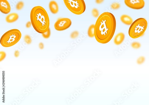 Gold coins bitcoin falling down vector illustration. Cryptocurrency gold chips on white background.