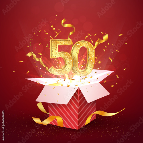 50 th years number anniversary and open gift box with explosions confetti isolated design element. Template fifty fiftieth birthday celebration on red background vector Illustration.
