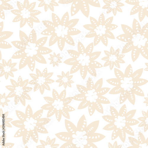 Pretty hand drawn modern floral in a subtle seamless background pattern. Vector. Light in color, white and beige. Great for wedding announcements, stationery, website backgrounds, paper and textiles.