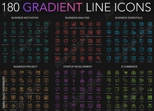 180 trendy gradient style thin line icons set of business motivation, analysis, essentials, project, start up development, e-commerce isolated on black background.