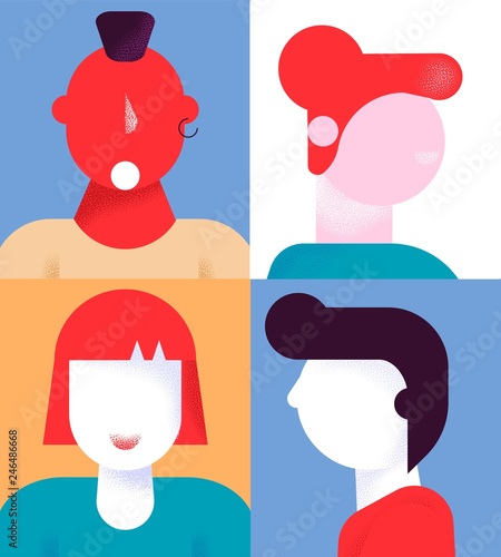 Modern flat cartoon characters geometric style people avatars set,web online social network concept.Colorful geometry shape head faces portraits for media design,web page profile,forum,chat use