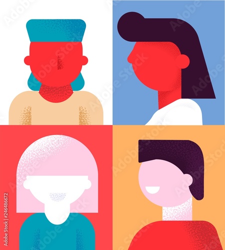 Modern flat cartoon characters geometric style people avatars set,web online social network concept.Colorful geometry shape head faces portraits for media design,web page profile,forum,chat use