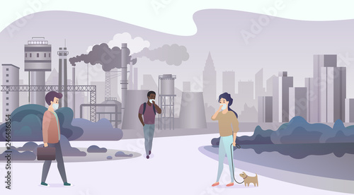 Unhappy sad people wearing protective face masks and walking near depressive factory pipes city with smoke on background. Industrial smog, air pollution and pollutant fog gas vector illustration.