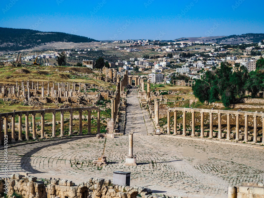 Impressive skyline of the Oval Plaza in Roman City of Gerasa archaeological site in Jerash Jordan