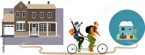Young couple relocating on a tandem bicycle from a big house to a smaller home, EPS 8 vector illustration