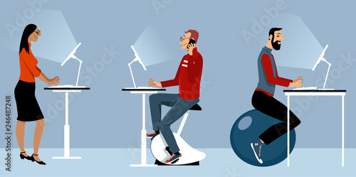 Modern office with alternative desks, including a bike, exercise ball and standing desk, EPS 8 vector illustration