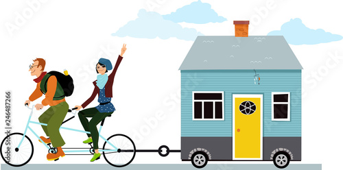 Minimalist couple hauling a tiny house behind a tandem bicycle, EPS 8 vector illustration