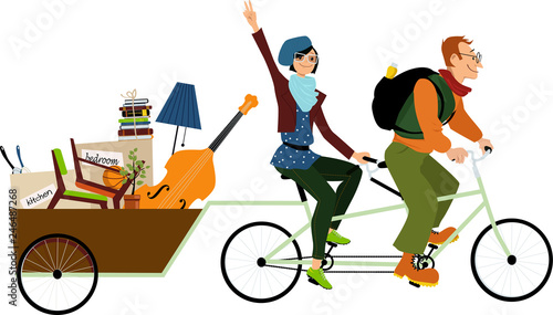 Minimalists couple on a tandem bicycle with all their belongings in a  cargo trailer, EPS 8 vector illustration